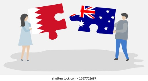Couple holding two puzzles pieces with Bahraini and Australian flags. Bahrain and Australia national symbols together.