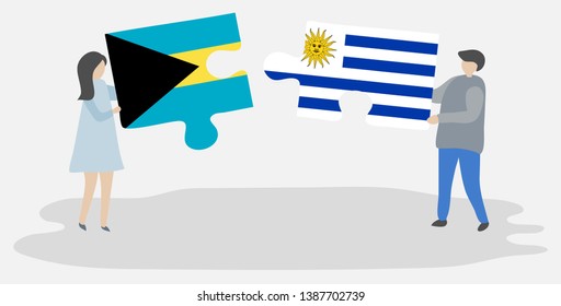 Couple holding two puzzles pieces with Bahamian and Uruguayan flags. Bahamas and Uruguay national symbols together.