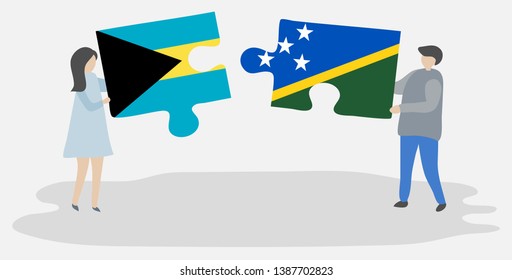 Couple holding two puzzles pieces with Bahamian and Solomon Island flags. Bahamas and Solomon Islands national symbols together.