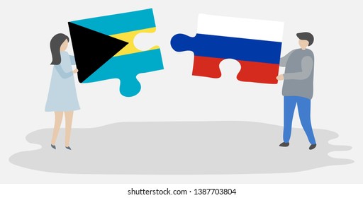 Couple holding two puzzles pieces with Bahamian and Russian flags. Bahamas and Russia national symbols together.