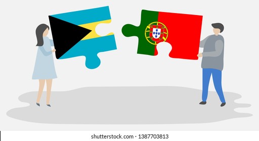 Couple holding two puzzles pieces with Bahamian and Portuguese flags. Bahamas and Portugal national symbols together.