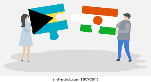 Couple holding two puzzles pieces with Bahamian and Nigerien flags. Bahamas and Niger national symbols together.