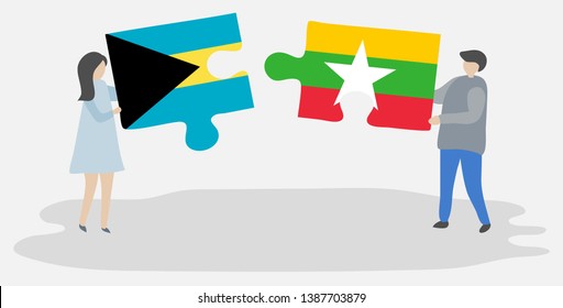 Couple holding two puzzles pieces with Bahamian and Burmese flags. Bahamas and Myanmar national symbols together.