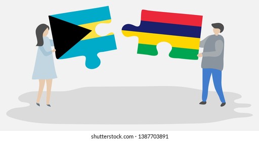 Couple holding two puzzles pieces with Bahamian and Mauritian flags. Bahamas and Mauritius national symbols together.