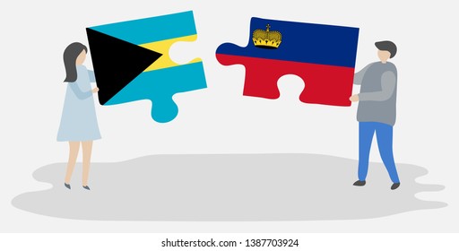Couple holding two puzzles pieces with Bahamian and Liechtenstein flags. Bahamas and Liechtenstein national symbols together.