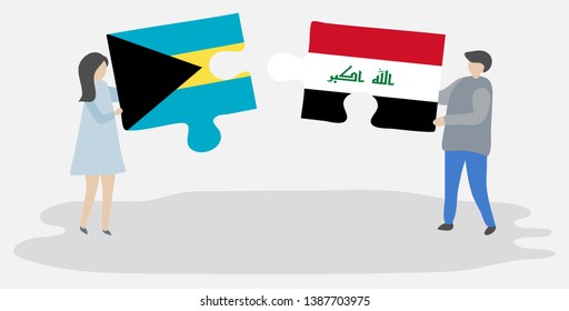Couple holding two puzzles pieces with Bahamian and Iraqi flags. Bahamas and Iraq national symbols together.