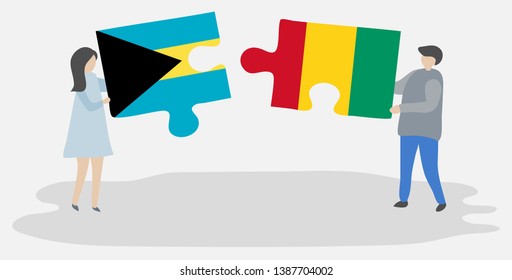 Couple holding two puzzles pieces with Bahamian and Guinean flags. Bahamas and Guinea national symbols together.