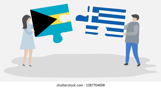 Couple holding two puzzles pieces with Bahamian and Greek flags. Bahamas and Greece national symbols together.