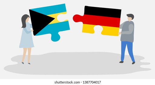 Couple holding two puzzles pieces with Bahamian and German flags. Bahamas and Germany national symbols together.
