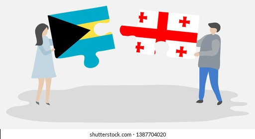 Couple holding two puzzles pieces with Bahamian and Georgian flags. Bahamas and Georgia national symbols together.