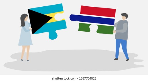 Couple holding two puzzles pieces with Bahamian and Gambian flags. Bahamas and Gambia national symbols together.