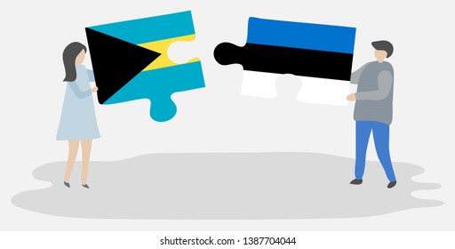 Couple holding two puzzles pieces with Bahamian and Estonian flags. Bahamas and Estonia national symbols together.