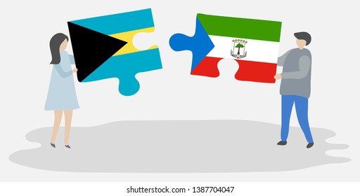 Couple holding two puzzles pieces with Bahamian and Equatorial Guinean flags. Bahamas and Equatorial Guinea national symbols together.