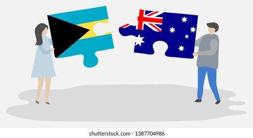 Couple holding two puzzles pieces with Bahamian and Australian flags. Bahamas and Australia national symbols together.