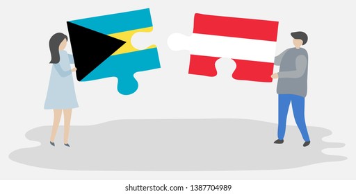 Couple holding two puzzles pieces with Bahamian and Austrian flags. Bahamas and Austria national symbols together.