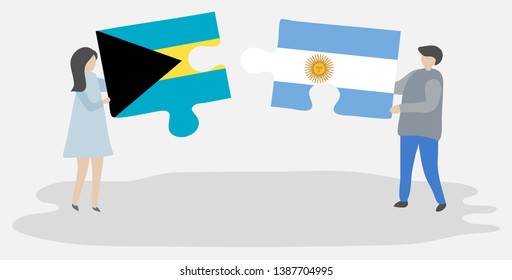Couple holding two puzzles pieces with Bahamian and Argentine flags. Bahamas and Argentina national symbols together.
