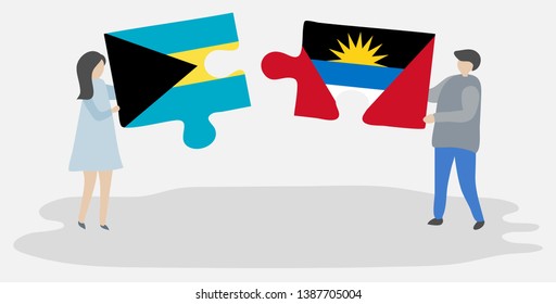 Couple holding two puzzles pieces with Bahamian and Antiguan flags. Bahamas and Antigua and Barbuda national symbols together.