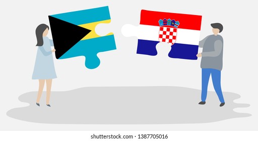 Couple holding two puzzles pieces with Bahamian and Croatian flags. Bahamas and Croatia national symbols together.