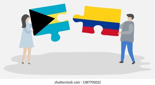 Couple holding two puzzles pieces with Bahamian and Colombian flags. Bahamas and Colombia national symbols together.