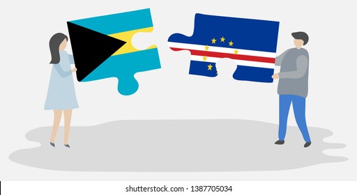 Couple holding two puzzles pieces with Bahamian and Cabo Verdean flags. Bahamas and Cape Verde national symbols together.