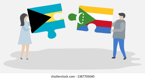Couple holding two puzzles pieces with Bahamian and Comoran flags. Bahamas and Comoros national symbols together.