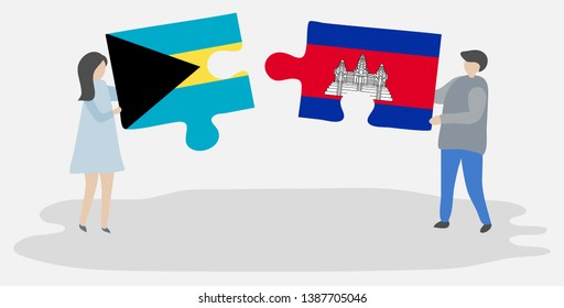 Couple holding two puzzles pieces with Bahamian and Cambodian flags. Bahamas and Cambodia national symbols together.