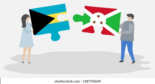Couple holding two puzzles pieces with Bahamian and Burundian flags. Bahamas and Burundi national symbols together.