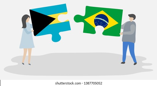 Couple holding two puzzles pieces with Bahamian and Brazilian flags. Bahamas and Brazil national symbols together.