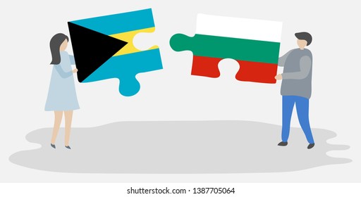 Couple holding two puzzles pieces with Bahamian and Bulgarian flags. Bahamas and Bulgaria national symbols together.