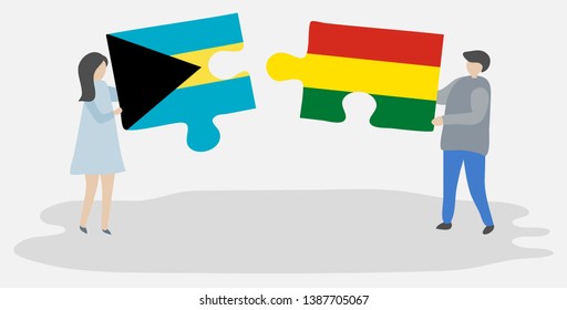Couple holding two puzzles pieces with Bahamian and Bolivian flags. Bahamas and Bolivia national symbols together.