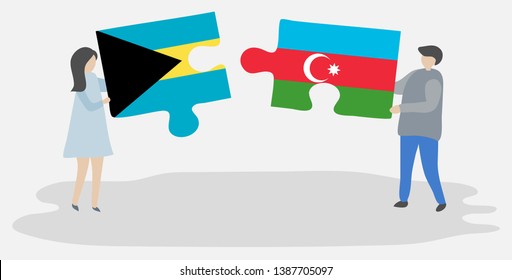 Couple holding two puzzles pieces with Bahamian and Azerbaijani flags. Bahamas and Azerbaijan national symbols together.