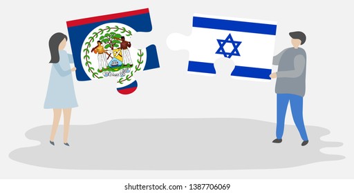 Couple holding two puzzles pieces with Belizean and Israeli flags. Belize and Israel national symbols together.