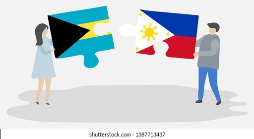 Couple holding two puzzles pieces with Bahamian and Filipino flags. Bahamas and Philippines national symbols together.