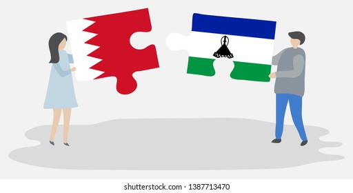 Couple holding two puzzles pieces with Bahraini and Basotho flags. Bahrain and Lesotho national symbols together.