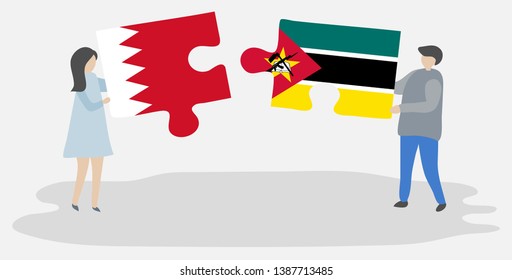 Couple holding two puzzles pieces with Bahraini and Mozambican flags. Bahrain and Mozambique national symbols together.