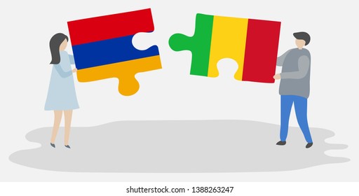 Couple holding two puzzles pieces with Armenian and Malian flags. Armenia and Mali national symbols together.