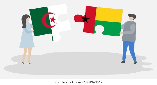 Couple holding two puzzles pieces with Algerian and Bissau-Guinean flags. Algeria and Guinea-Bissau national symbols together.