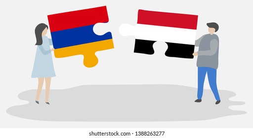 Couple holding two puzzles pieces with Armenian and Yemeni flags. Armenia and Yemen national symbols together.