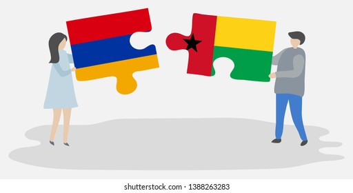 Couple holding two puzzles pieces with Armenian and Bissau-Guinean flags. Armenia and Guinea-Bissau national symbols together.