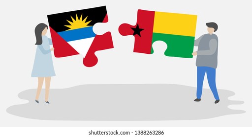 Couple holding two puzzles pieces with Antiguan and Bissau-Guinean flags. Antigua and Barbuda and Guinea-Bissau national symbols together.
