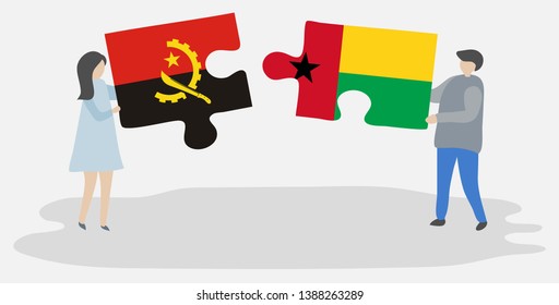 Couple holding two puzzles pieces with Angolan and Bissau-Guinean flags. Angola and Guinea-Bissau national symbols together.