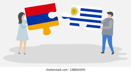 Couple holding two puzzles pieces with Armenian and Uruguayan flags. Armenia and Uruguay national symbols together.