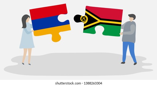 Couple holding two puzzles pieces with Armenian and Vanuatuan flags. Armenia and Vanuatu national symbols together.