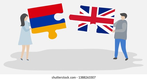 Couple holding two puzzles pieces with Armenian and British flags. Armenia and United Kingdom national symbols together.