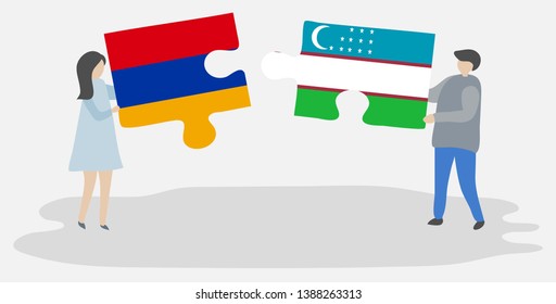 Couple holding two puzzles pieces with Armenian and Uzbek flags. Armenia and Uzbekistan national symbols together.