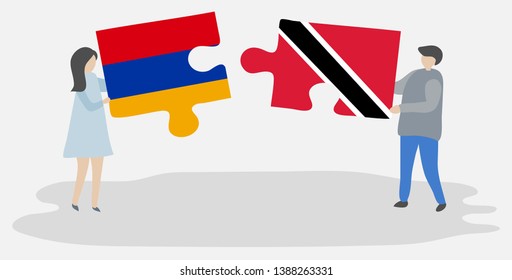 Couple holding two puzzles pieces with Armenian and Trinidadian flags. Armenia and Trinidad and Tobago national symbols together.