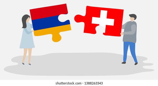 Couple holding two puzzles pieces with Armenian and Swiss flags. Armenia and Switzerland national symbols together.