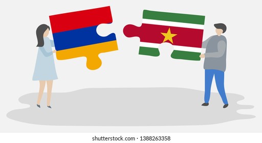 Couple holding two puzzles pieces with Armenian and Surinamese flags. Armenia and Suriname national symbols together.