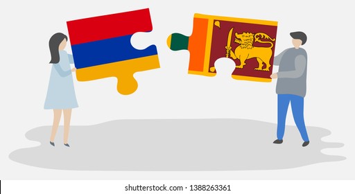 Couple holding two puzzles pieces with Armenian and Sri Lankan flags. Armenia and Sri Lanka national symbols together.