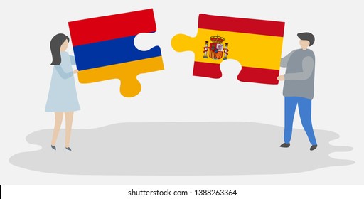 Couple holding two puzzles pieces with Armenian and Spanish flags. Armenia and Spain national symbols together.